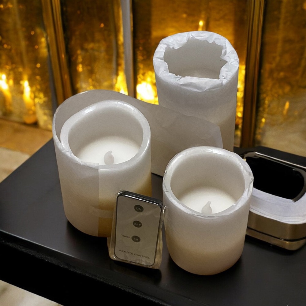 HOME REFLECTIONS FLAMELESS SET OF 3 GOLD GLITTER CANDLE PILLARS
